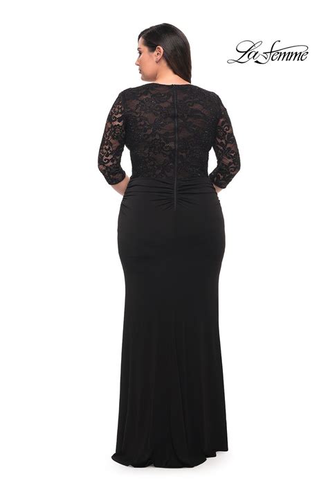 Jersey Plus Size Gown With V Neckline And Three Quarter Lace Sleeves