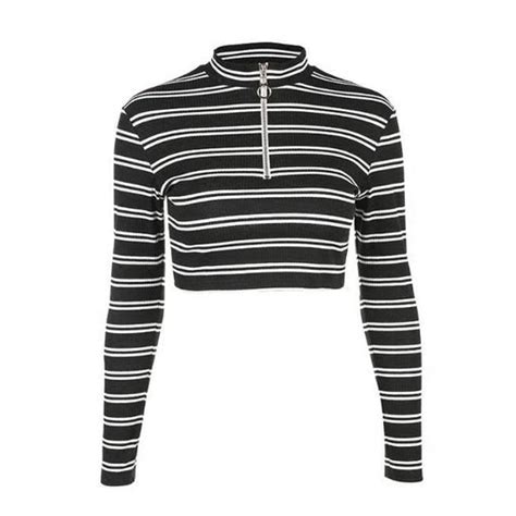 Itgirl Shop Stripes Front High Neck Zipper Metallic Ring Crop Sweater