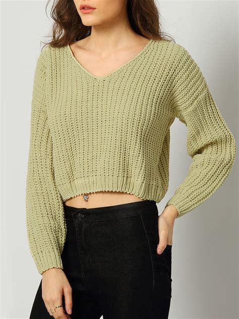 Green V Neck Long Sleeve Crop Sweater Shein Sheinside