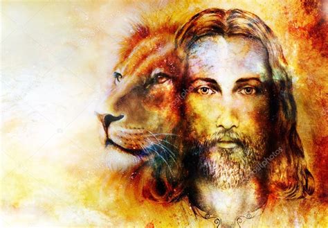 Painting Of Jesus With A Lion On Beautiful Colorful Background With
