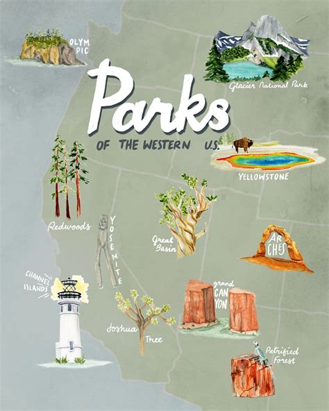 National Parks Of The Western Us Map Travel Poster Etsy
