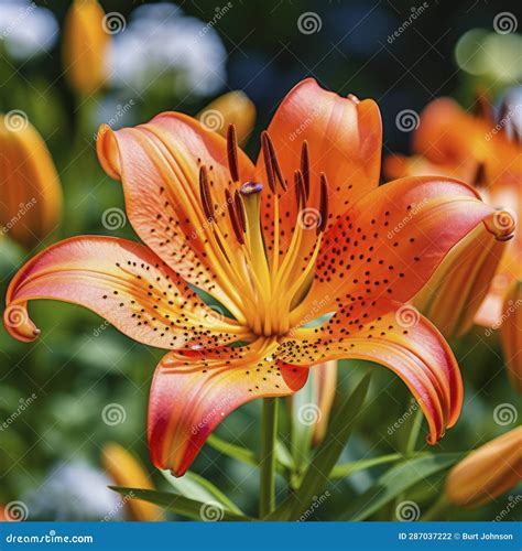Lifestyle Photo Tiger Lily Flower In A Garden Ai Midjourney Stock