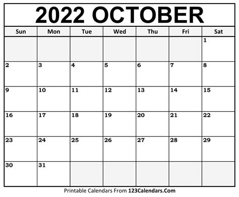 Printable October 2022 Calendar Templates