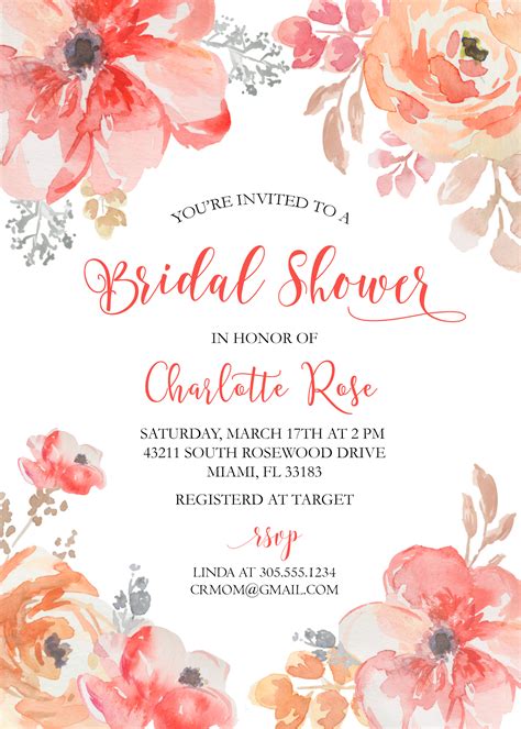 watercolor roses bridal shower invitation red floral blush stripes · just click print