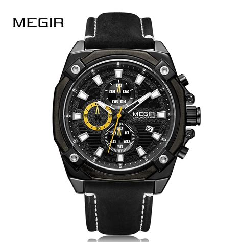 megir mens sport watch top brand luxury chronograph quartz military army watch leather brand