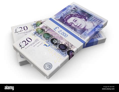 Money Stack Of Uk Sterling £20 Notes On A White Background Stock Photo