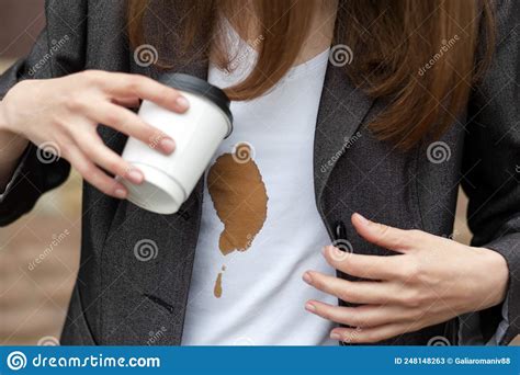 Coffee Stain Unrecognizable Girl Girl Spilling Hot Coffee On Herself