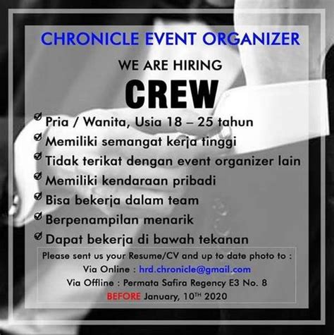 Dapatkan pekerjaan impian anda di sekitar surabaya dengan jobsdb. Lowongan Kerja Crew di Event Organizer Surabaya - Indah Pratiwi di Surabaya, 23 Dec 2019 - Loker ...