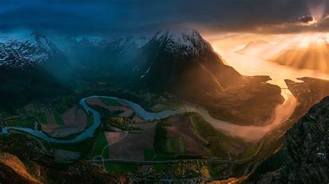1366x768 Resolution River And Mountain Illustration Sunset Norway