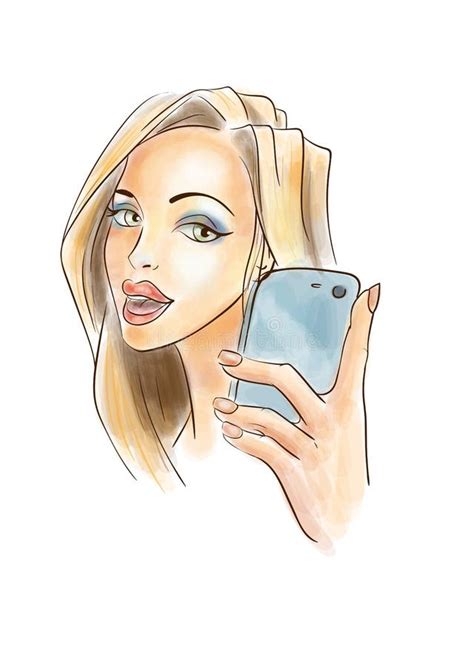 Woman Taking A Selfie Photo With Smartphone Hand Drawing Style Vector