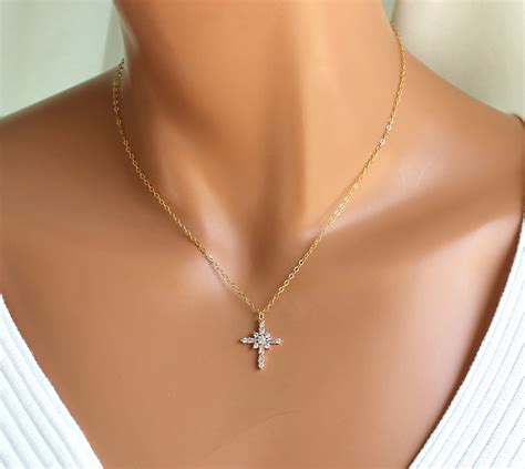 Sterling Silver Cross Necklace Women Dainty Crystal Cross Etsy