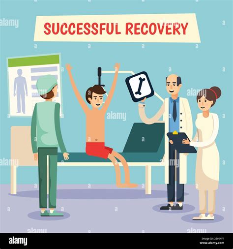 Hospital ward successful recovery scene with doctor assistent nurse and