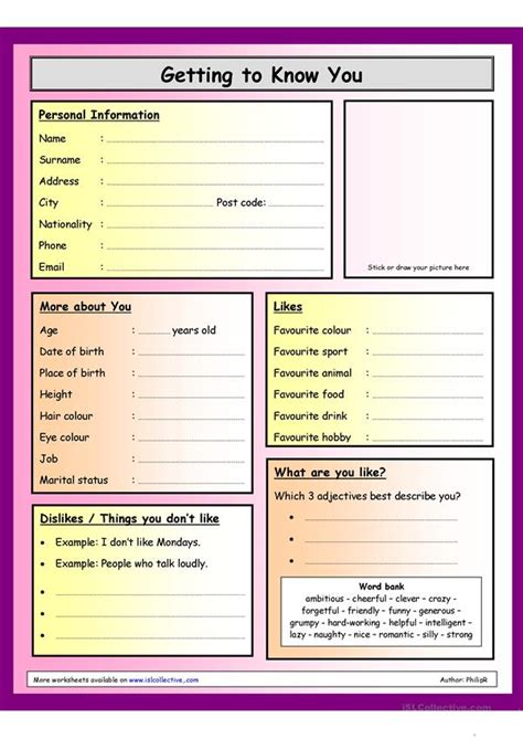 Getting To Know You Questionnaire Worksheet Free Esl