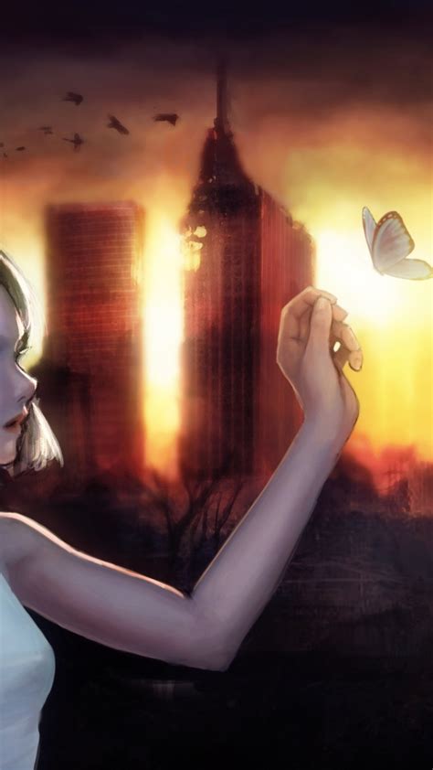 Wallpaper Cityscape Black Hair Semi Realistic Anime Girl Butterfly