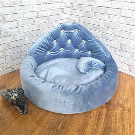Light Blue Pet Bed Round Bed With Rhinestones For A Small Etsy