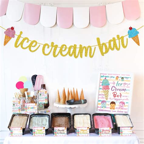 Buy Ice Cream Bar Decorations Kit Gold Glitter Banner Ice Cream Sundae Bar Table Sign Food Tents