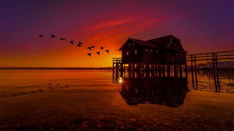 3840x2160 Lake House On Pier Birds Flying Sunset Scenery 4k Hd 4k