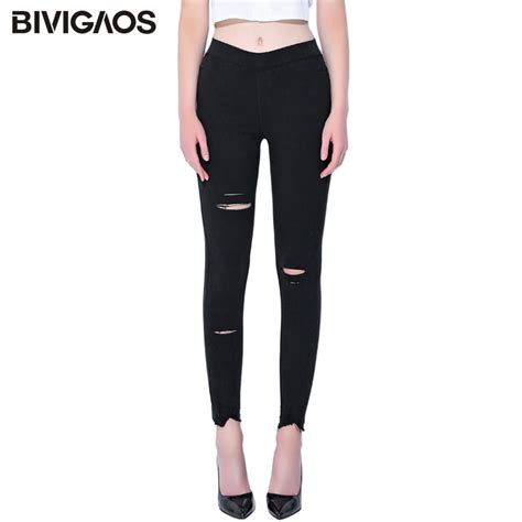 Bivigaos Spring Fall Women Sand Wash Ripped Jeans Legging Black Pants Jeans Pocket Knee Holes