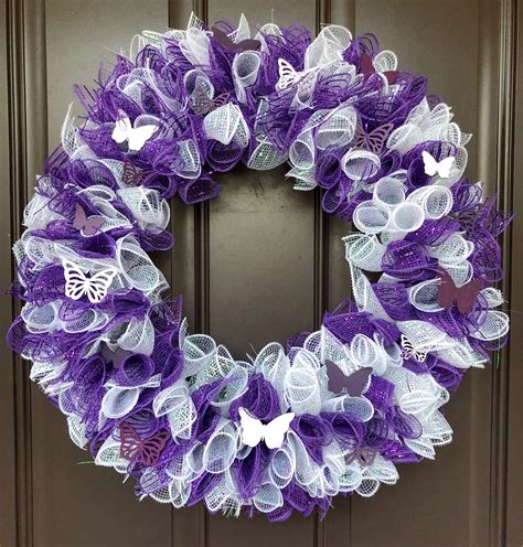 Spring Wreath Deco Mesh Wreath Mesh Wreath Purple And White Etsy