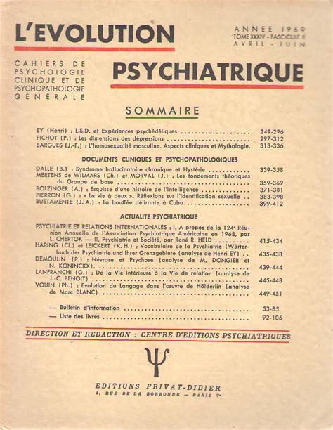 L évolution Psychiatrique 1969 Tome Xxxiv Fascicule N 2 by G