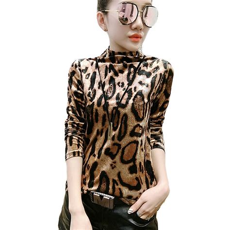 2018 women sexy leopard print blouse half turtleneck long sleeve velvet blouses ladies tops plus