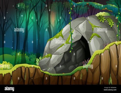 Stone Cave In The Dark Forest Illustration Stock Vector Image And Art Alamy