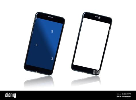 Two Modern Black Smartphones With Blank Blue And White Screens Isolated