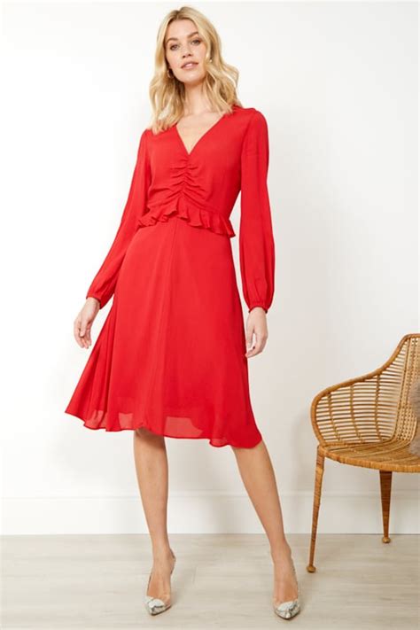 Red V Neck Ruffle Detail Fit Flare Dress