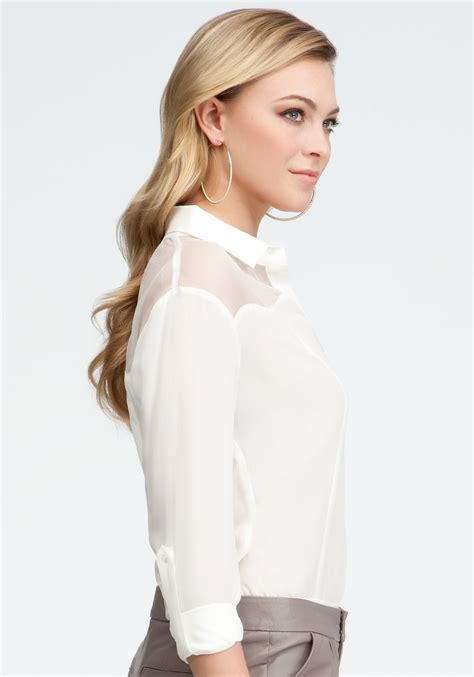 Lyst Bebe Sheer Yoke Button Up Bodysuit In White