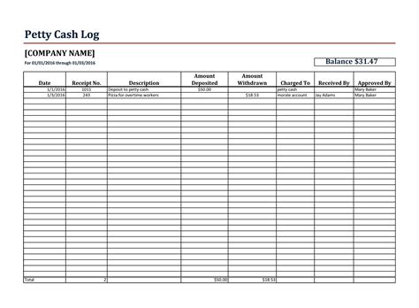 Printable Cash Log Template