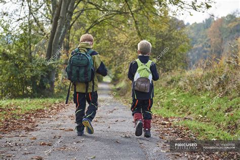 Two Boys Walking Through Forest With Backpacks Rear View — Best