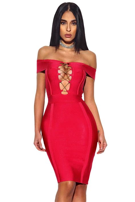 Gold Chain Crisscross Lace Up Off Shoulder Red Bandage Dress Modeshe