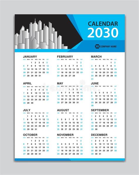 Calendar 2030 Template Wall Calendar 2030 Year Desk Calendar 2030
