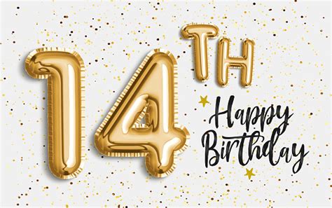 Happy 14th Birthday Gold Foil Balloon Greeting Background 14 Years Anniversary Logo Template