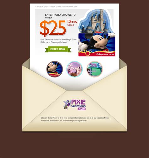 The pin is available for $12.99 (plus tax, shipping and handling), for a limited time when you use your disney® visa® card. Disney World - $25.00 Disney Gift Card drawing, PLUS Pixie MagicBand Sliders, PLUS Disney World ...