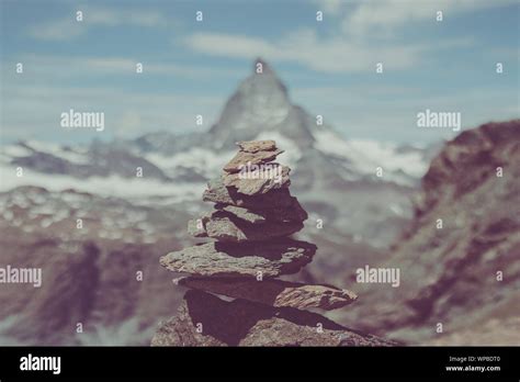 View Balance Stones Far Away Matterhorn Mountain Scene In National