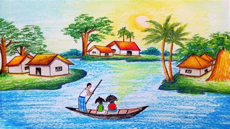 5 spring drawing tutorials for kids with kids: How to draw Riverside Village Scenery.Step by step(easy ...