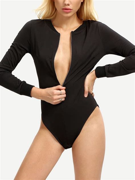 Black Long Sleeve Zipper Front Bodysuit Sheinsheinside