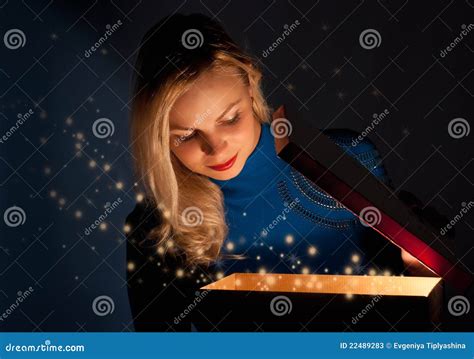 A Girl Opens A Box With A T Stock Image Image Of Excitemant Celebration 22489283