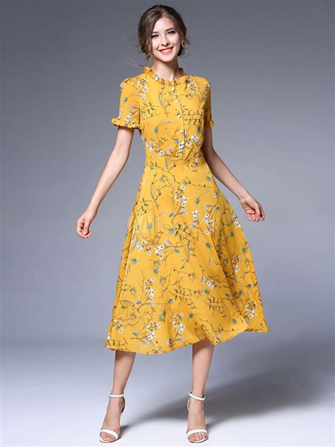 Yellow Skater Dress Round Neck Short Sleeve Chiffon Floral Print Women