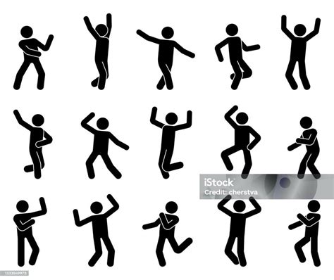 Happy Stick Figure Man Dancing Hands Up Different Poses Vector Icon Set