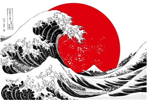 Great Wave Off Kanagawa Black And White And Red Sun Ilustración