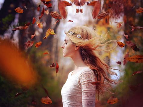 Wallpaper Blonde Girl In Autumn Leaves Flying Wind 1920x1440 Hd