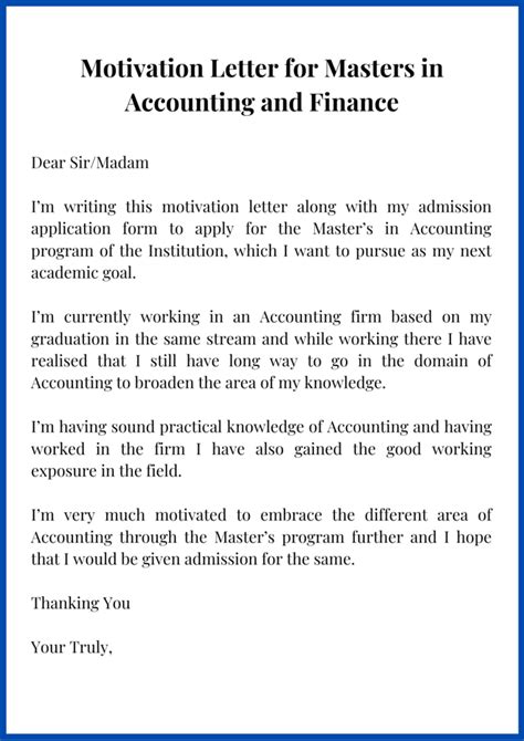 A motivational cover letter helps to not only introduce the subject but encourage the reader to take some form of action letter of motivation : Sample Motivation Letter for Master's in Accounting | Top ...