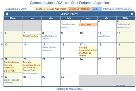 Calendario Junio 2021 Para Imprimir Argentina