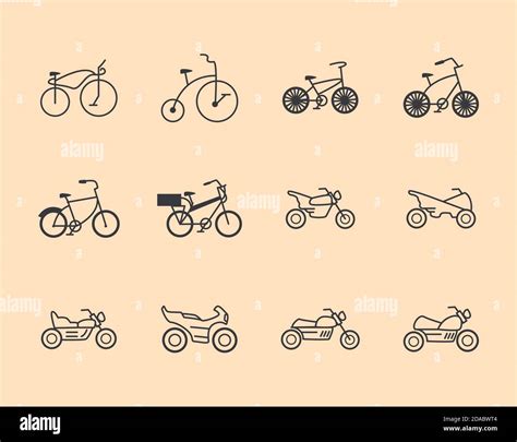 Set Icons Representing Different Types Of Bikes And Motorcycles Vector