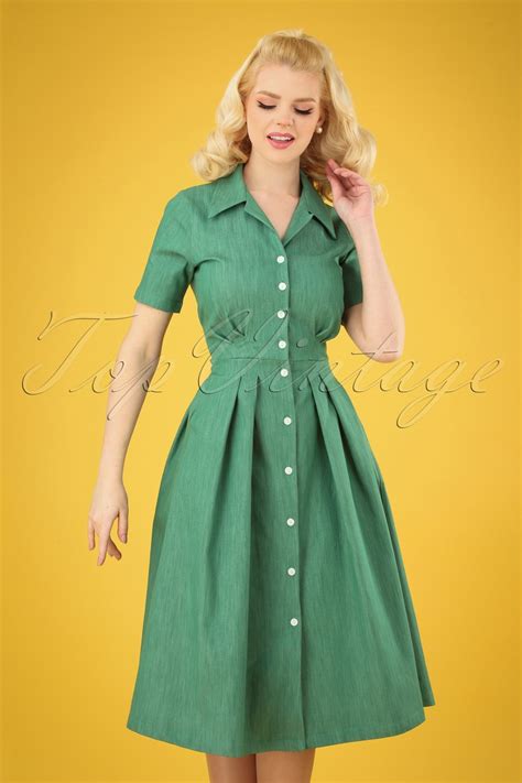 50s Janet Swing Dress In Green Denim