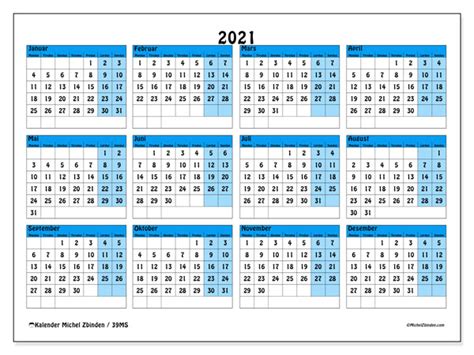 Skriv ut kalender for hvilket som helst år eller måned(er). Kalendere "39MS" 2021 som skal skrives ut - Michel Zbinden NO