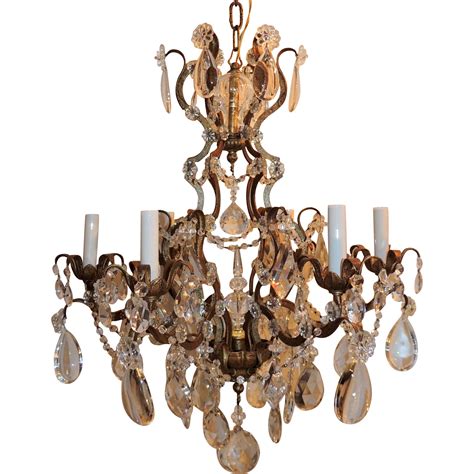 French Bronze Gilt And Cut Crystal Chandelier Beaded Fixture From