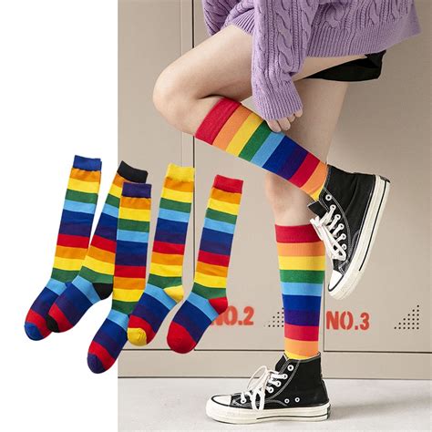 Rainbow Striped Women Crew Socks Autumn Candy Color Thin Ins Style Japanese Cotton Girls Knee